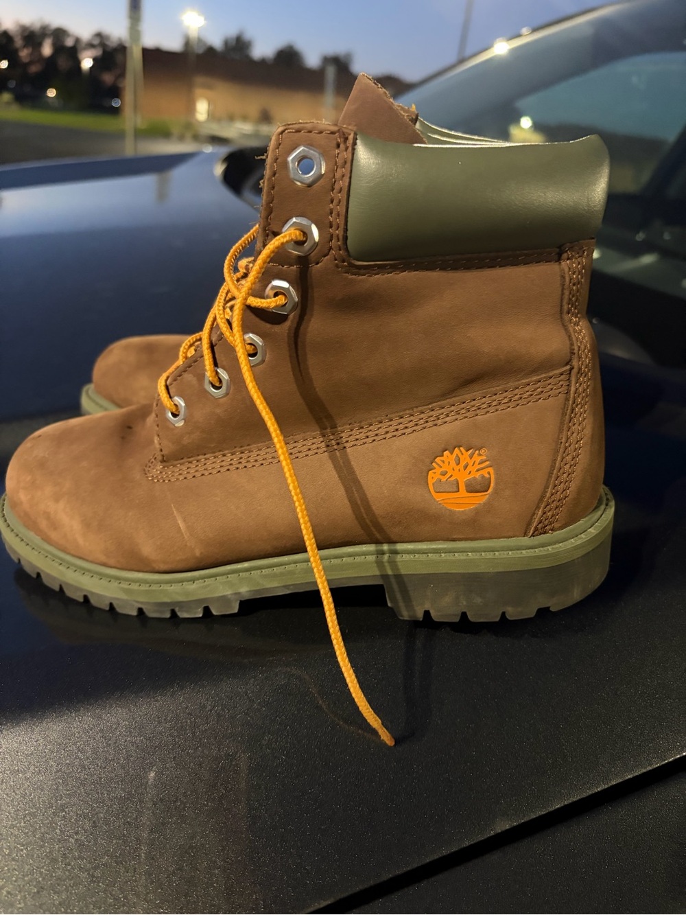 Timberland Kids Brown Nubuck Boots with Olive and Orange Accents
